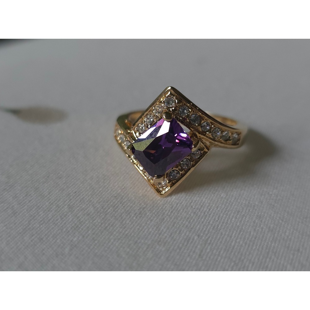 Art Deco Gold Tone Purple Amethyst Color Crystal Statement Cocktail Ring Size 10